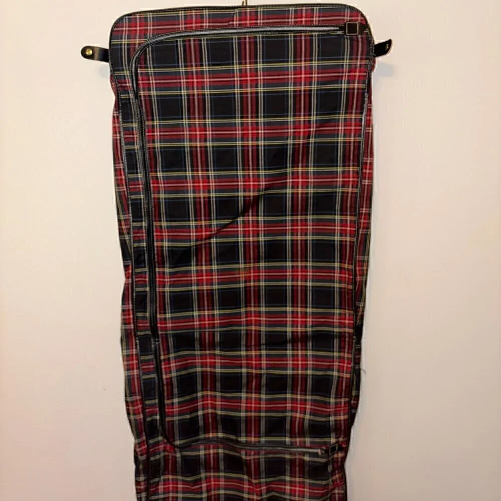 Vintage Tartan Plaid Hanging Suit Garment Bag - Leather Handle Original Hardware